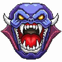 Pixel Art Demon Head Retro Game Monster Icon with Sharp Fangs and Purple Skin vector