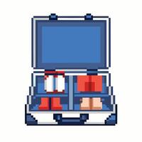 Pixel Art Open Suitcase with Packed Clothes and Accessories for Travel vector