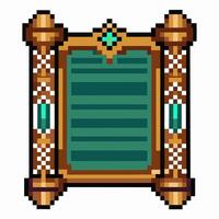 Pixel art fantasy scroll with ornate wooden frame and emerald accents, medieval game icon, retro design, digital illustration vector