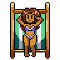 Retro Pixel Art Woman Relaxing on Beach Chair in Bikini vector