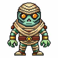 Pixel Art Green Zombie Mummy with Glowing Eyes and Bandages in Retro Style vector