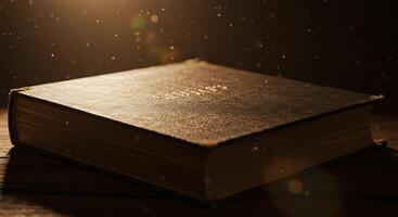 Aged book with dust particles floating in a dimly lit space - Generated using AI photo