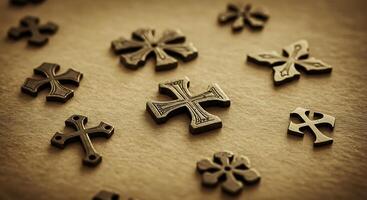 Assorted Metal Emblems on a Textured Surface Creates a Vintage Aesthetic - Generated using AI photo