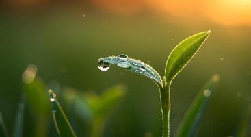 Delicate leaf adorned with sparkling dew drops at sunrise - Generated using AI photo