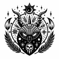Mystical Horned Mask with Celestial and Nature Elements vector