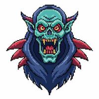 Pixel Art Vampire Monster Head with Fangs and Blue Skin in 8 Bit Retro Style vector