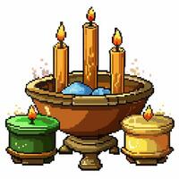 Pixel Art Candles and Stone Bowl Retro Gaming Vibes vector