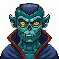 Pixel Art Green Skinned Monster Character with Pointy Ears and Yellow Eyes in Red Collar vector