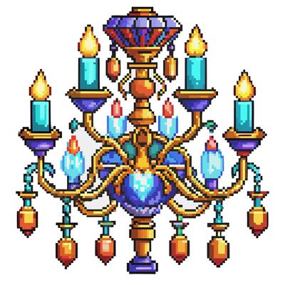 Vintage Pixel Art Chandelier with Lit Candles Retro Gaming Style Illustration