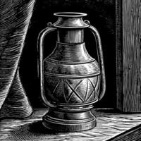 Vintage Etched Vase Illustration with Intricate Patterns and Dramatic Shadows vector
