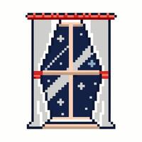 Pixel art window view with starry night sky, retro gaming style, nostalgic digital illustration, minimalist design vector