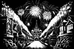 Vintage Nighttime Village Celebration with Dramatic Fireworks Display in Black and White vector