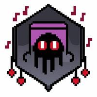 Pixel Art Character with Red Eyes and Purple Hood in a Hexagonal Frame vector