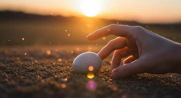 Sunrise Encounter A Hand Reaching for an Egg in a Field - Generated using AI photo