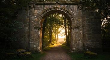 Ancient stone archway leading into a forest bathed in golden light - Generated using AI photo