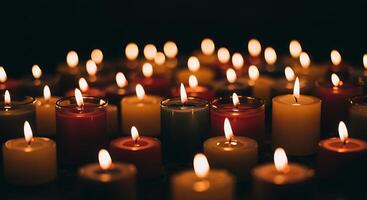 Soft glow of multiple lit candles in a dark setting - Generated using AI photo