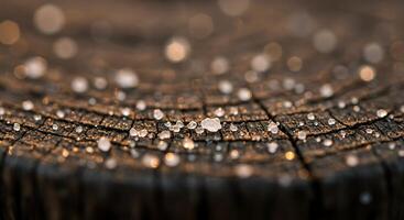 Frozen dew on weathered wood surface with a blurry background - Generated using AI photo