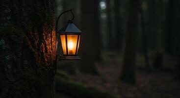 Illuminated lantern affixed to a mossy tree in a shadowy forest - Generated using AI photo