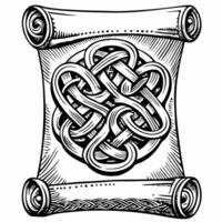 Intricate Celtic knot on an ancient scroll, hand drawn line art illustration of medieval design and symbolism vector