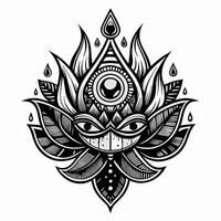 Ornate Lotus Mandala with Third Eye and Teardrop Elements in Black and White Illustration vector