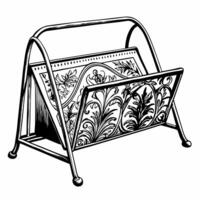 Vintage Magazine Rack with Ornate Floral Design in Black and White Illustration vector