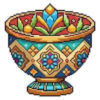 Colorful Pixel Art Ornamental Bowl with Geometric and Floral Patterns vector