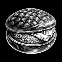 A black and white drawing of a hamburger with a bun and a slice of cheese vector
