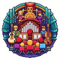 Pixel Art Orchestra Performance with Musical Instruments and Audience vector