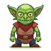 Pixel Art Green Goblin Character in Fantasy RPG Game Retro 8 bit Style Monster with Pointy Ears and Yellow Eyes vector