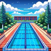 Vibrant Pixel Art Swimming Pool in a Retro Park Setting with Clear Blue Skies vector