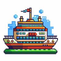 Pixel Art Cruise Ship Docked in Retro Harbor 8 Bit Style Seaside Scenery vector