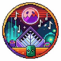 Vibrant Pixel Art with Musical Notes and Colorful Celestial Background vector