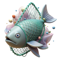 serene classic Fish Caught in Ghost Net Isolated Transparent Background Underwater Scene high quality png