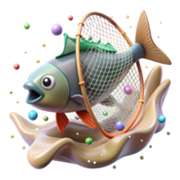 magnificent creative Fish Caught in Fishing Net Isolated Transparent Background Underwater Scene authentic png