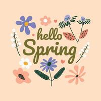 Spring background with the inscription Hello Spring. Illustration featuring flowers. Calligraphic text banner with handwritten Hello Spring words. Banner, poster, greeting card, vector