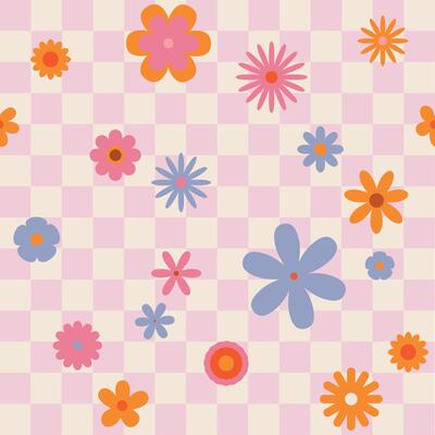 Seamless retro groovy checkered pattern with floral elements. Simple 1970s-style flowers in a doodle design. Perfect for fabric, wrapping paper, wallpaper, and fashion