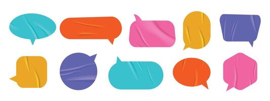 Set of multicolored speech and thought bubbles in modern sticker style. Realistic wrinkled texture with copy space. Isolated dialogue balloons for notes, collages, or school design. vector