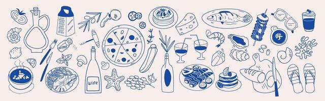 Hand drawn set of various Mediterranean food and drinks. Family dinner, picnic, breakfast with wine, snacks and pasta. Table setting drawings for cafe or restaurant menus design. vector