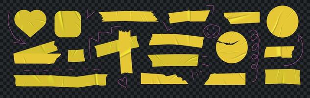 Yellow duct tape elements for photo collage. A collection of bright textured tape pieces with wrinkles in various shapes. Torn adhesive tape strips for frames, scrapbooking, and creative design. vector