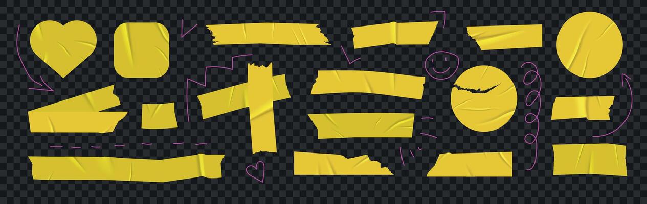 Yellow duct tape elements for photo collage. A collection of bright textured tape pieces with wrinkles in various shapes. Torn adhesive tape strips for frames, scrapbooking, and creative design.