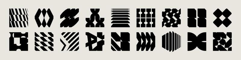 Set of postmodern abstract geometric elements. Brutalist shapes. Vintage stickers with refraction and distortion glass effects in various forms. Trendy retro design symbols in Y2K aesthetics. vector