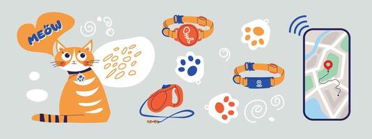 Cat GPS tracker with location pin in a mobile app. Smartphone with map showing pet movement. GPS tracking for walking a cat. Flat illustration on light background vector