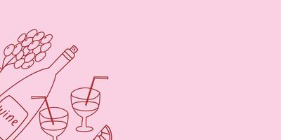 Hand drawn background with wine and glasses on a pink backdrop. Ideal for restaurant and cafe vector