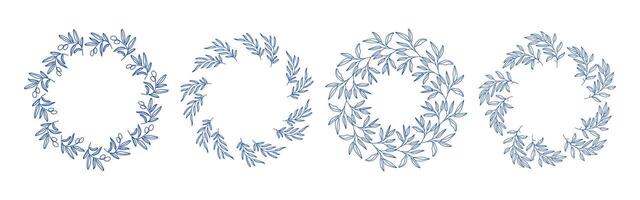 Blue olive branches circle frame set. Circular frames with branches. Hand drawn collection of olive leaves and decorative elements. Perfect for wedding invitations, cards, logo design, and posters vector