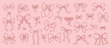 Trendy bow set. Outline in red color, different styles and sizes.Collection of whimsy bows on a pink background, hand drawn ribbons illustrations.Gift elements with bowknots for holiday celebrat vector