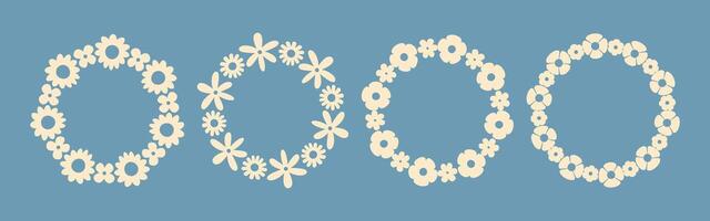 Groovy floral circle frame set with simple flowers in a minimalist style on a blue background. Hand-drawn botanical wreaths, perfect for wedding invitations, cards, logos, and decorative design projec vector