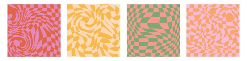 Groovy 70s hippie backgrounds featuring checkerboard,mesh, and wavy patterns.Retro 60s and 70s psychedelic design with a Y2K aesthetic. vector