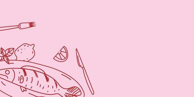 Hand drawn illustration of a fish dish on a pink background. Perfect for use as a background in restaurant and cafe vector