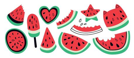 Hand drawn set of watermelons. Illustration featuring various stylized watermelon slices. Collection of different shapes, including semicircles, triangles, and hearts. Fresh summer watermelon vector