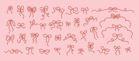Trendy bow set. Outline in red color, different styles and sizes.Collection of whimsy bows on a pink background, hand drawn ribbons illustrations.Gift elements with bowknots for holiday celebration. vector